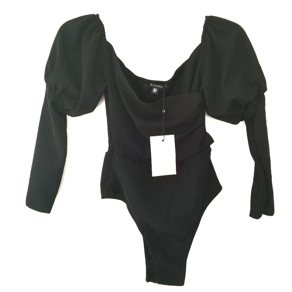 Missguided Milkmaid Bodysuit Top - Black Size 4 NWT Balloon Sleeve Wide Neck XS